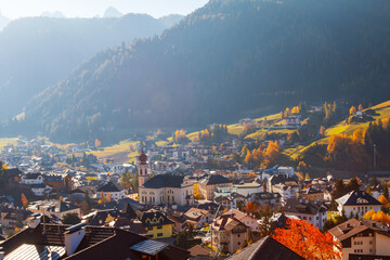 Famous and charming Ortisei town near St Ulrich, in the Trentino Alto Adige region in the Dolomites Mountains, South Tyrol at sunrise