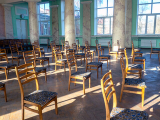 empty lecture hall. Organized For Social Distancing. Corona virus outbreak concept of distance between places