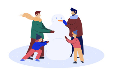 Happy homosexual male parents with kids make a snowman.Lgbt couple with children enjoy wintertime. Happy gay family spend time with son and daughter . Flat vector illustration. Isolated on white