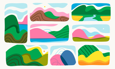 Mountains, river, lake, hills, sky view. Flat Abstract design. Cutout style. Various lanscapes. Set of hand drawn trendy Vector illustrations. Wallpaper Templates. Different backgrounds. Bright colors