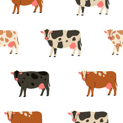 Various Cows. Side view. Cute animals. Hand drawn trendy Vector illustration. Funny characters. Cartoon style. Flat design. Colorful square Seamless Pattern. Background, Wallpaper