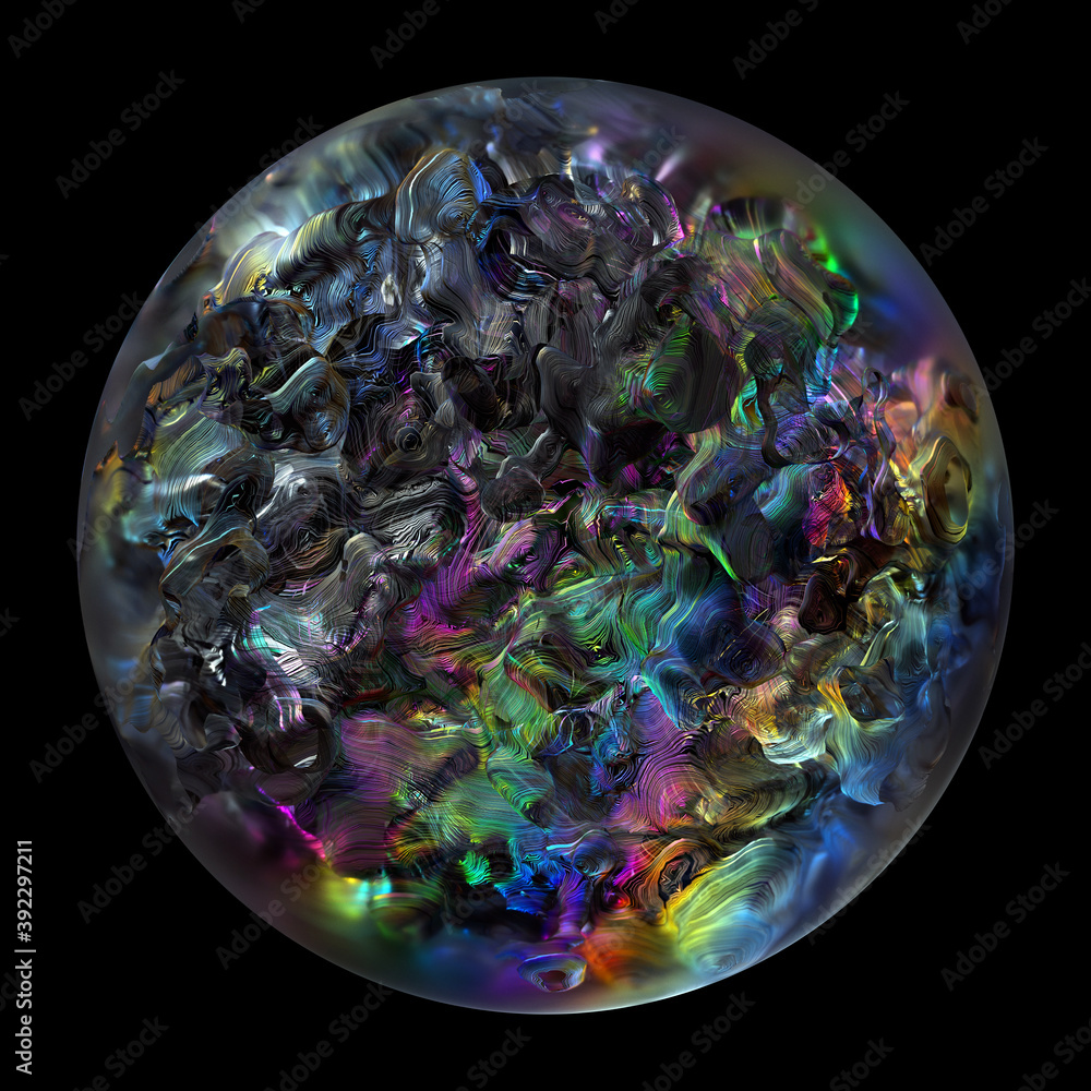 Wall mural 3d render of abstract art with surreal glass 3d ball with organic curve round wavy substance in bio 