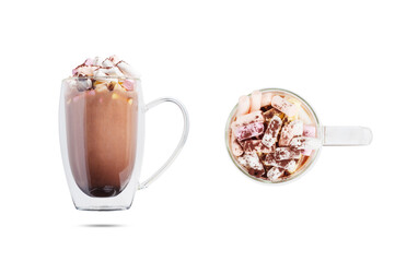  cocoa with marshmallows in a transparent mug isolated on white background