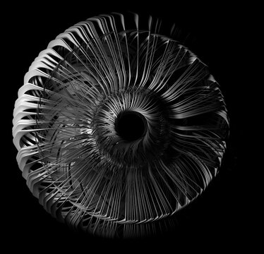3d render of attract black and white monochrome art with surreal spooky alien old aged flower in spherical shape in metal material looks like eye with small black hole in the centre on isolated black 
