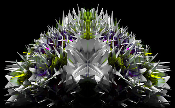 3d render abstract art with surreal alien fractal cyber crystal gemstone based on triangle symmetry pattern in white plastic with glass parts in green and purple color on isolated black background