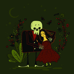 Young cute girl and skeleton tender hugging. Bride and groom with skull lovely sweet characters. Death and woman wedding gothic concept. Doodle simple drawing, stock vector  illustration.