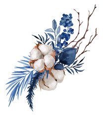 watercolor illustration, Christmas composition with cotton, berries, juniper branches, poincetia, isolated on a white background, blue flowers