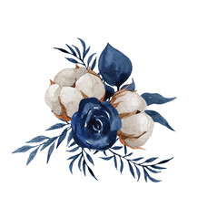 watercolor illustration, Christmas composition with cotton, berries, juniper branches, poincetia, isolated on a white background, blue flowers