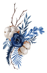 watercolor illustration, Christmas composition with cotton, berries, juniper branches, poincetia, isolated on a white background, blue flowers