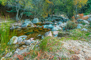 mountain stream surrounded by rocks. Guadarrama National Park. Madrid. Spain. - 392298235