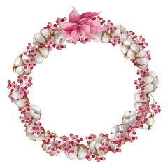 watercolor illustration, vegetable wreath with pine branches, cotton, berries, Christmas card template, place for text