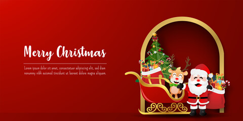 Christmas postcard banner of Santa Claus and reindeer with sleigh