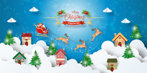 Fototapeta na wymiar Christmas postcard banner of Santa Claus is coming to town
