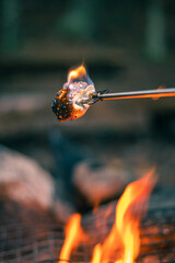 Burned marshmallow over a fire