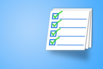 concept of survey, exam, test, questionnaire, document. Check mark icon.