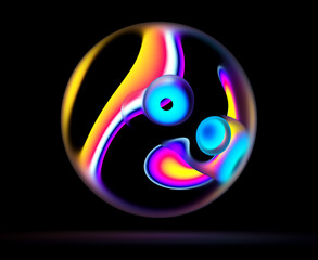 3d render with abstract art of surreal glass 3d ball or sphere with organic curve round wavy object inside with neon glowing effect in blue pink purple yellow color on isolated black background