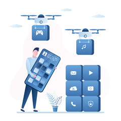 Creation of a new individual tariff plan for smartphone. Drones bring bricks with icons. Happy male user holds mobile phone.