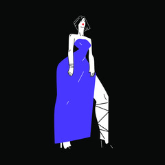 Beautiful fashion model in a fancy, luxury long dress. Elegant woman posing on high heels. Stylized minimalistic style people drawing. Stock vector illustration.