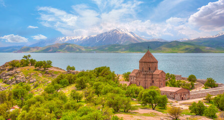 Akdamar Island in Van Lake. The Armenian Cathedral Church of the Holy Cross - Akdamar, Turkey