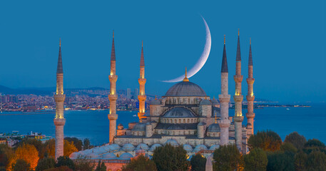 The Blue Mosque with crescent moon (new moon) (Sultanahmet), Istanbul, Turkey.