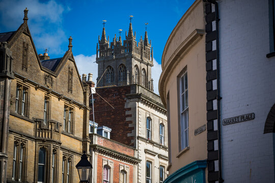 View Of Glastonbury Town Centre In Somerset