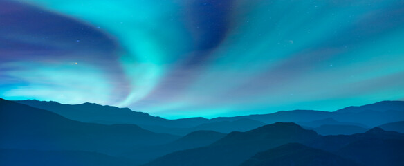Northern lights (Aurora borealis) in the sky with blue mountains