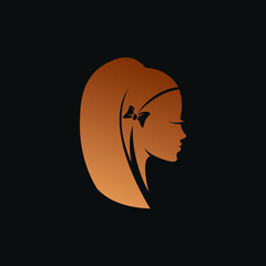 Beauty studio and hairstyle salon vector logo isolated on dark background. Beautiful woman portrait with long hair and elegant ribbon bow accessory.Glamour style design.Young lady face.Profile view.