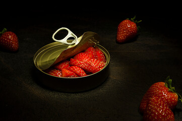 Fresh cut strawberries in a can, and four whole strawberries on rustic table, spot light, studio shot.