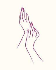 Fototapeta premium Nail salon vector logo.Illustration of woman hands with elegant, long nails beautiful manicure.Cosmetics and style icon isolated on light background.Nail polish.