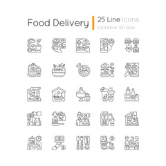 Food delivery linear icons set. Courier service. Online ordering. Limiting exposure to coronavirus. Customizable thin line contour symbols. Isolated vector outline illustrations. Editable stroke