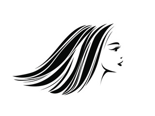 Hairstyle salon and beauty studio illustration.Long, wavy hair woman with elegant makeup.Shampoo,cosmetics and spa icon.Young lady.Beautiful model face.Luxury,glamour style.
