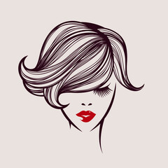 Hairstyle salon and beauty studio illustration.Short, wavy hair woman with elegant makeup.Shampoo,cosmetics and spa icon.Young lady.Beautiful model face.Luxury,glamour style.Red lipstick.