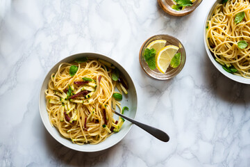 Spaghetti with zucchini and smoked ham