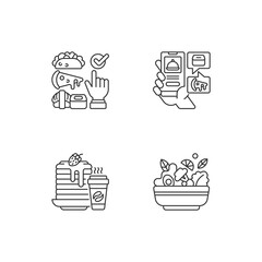 Delivering groceries, pre-prep, pre-made meals linear icons set. Choosing cuisine. Food delivery app. Customizable thin line contour symbols. Isolated vector outline illustrations. Editable stroke