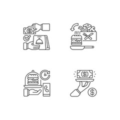 Online food ordering linear icons set. Cash on delivery. Cooking-for-yourself thing. Gratuity charge. Customizable thin line contour symbols. Isolated vector outline illustrations. Editable stroke