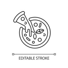 Pizza linear icon. Prepared food. Italian origin dish. Junk foods. Dough, tomatoes and mozzarella. Thin line customizable illustration. Contour symbol. Vector isolated outline drawing. Editable stroke
