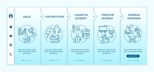 Work related injuries information onboarding vector template. Chemical poisoning while working. Responsive mobile website with icons. Webpage walkthrough step screens. RGB color concept