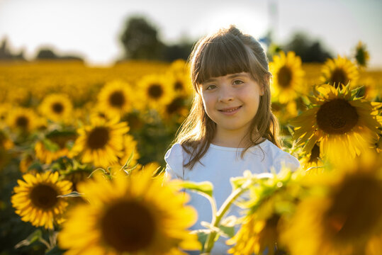 September 2020, Bibbiano, Italy. Sweet little girl poses for a photograph in a sunflower field