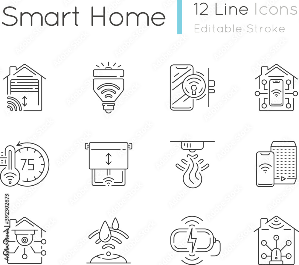 Poster smart house linear icons set. innovatonal window blinds sensor. remote controlled light bulbs. custo