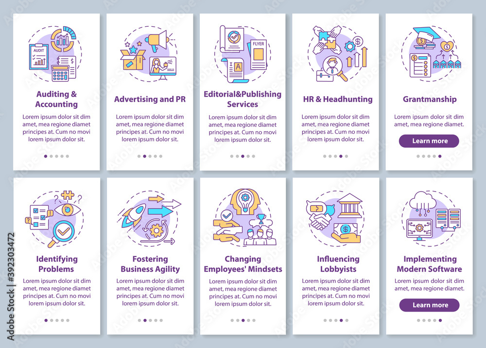 Aufkleber top business consulting service onboarding mobile app page screen with concepts set. digital consult