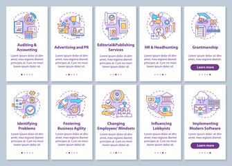 Top business consulting service onboarding mobile app page screen with concepts set. Digital consulting tasks walkthrough 5 steps graphic instructions. UI vector template with RGB color illustrations