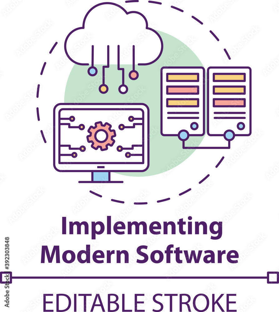 Poster implementing modern software concept icon. business consulting task idea thin line illustration. res