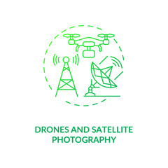 Drones and satellite photography concept icon. Innovative agriculture technology. Modern farming system for better productivity idea thin line illustration. Vector isolated outline RGB color drawing