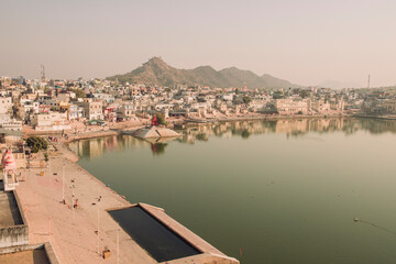 Beautiful landscape in Pushkar, India overlooking on sacred lake