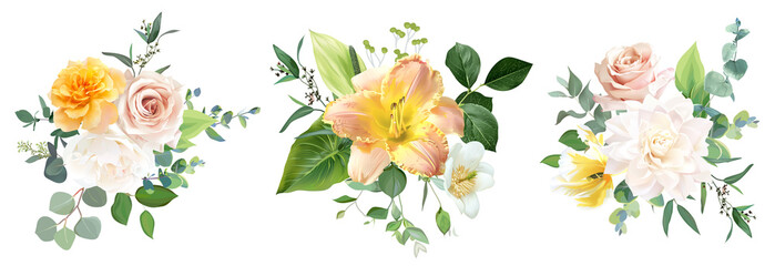 Yellow, blush pink and white rose, lily, mustard rose, tulip, spring garden flowers
