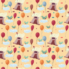House baking cupcake among the clouds and balloons illustration of a Seamless pattern of flat cartoon for registration of design