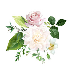 Blush pink rose, ivory white dahlia, spring garden flowers, salal, anthurium - obrazy, fototapety, plakaty