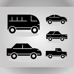 cars transport vehicle side view, set silhouette icons on gray background