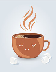 a cup of hot coffee and marshmallows on a light background