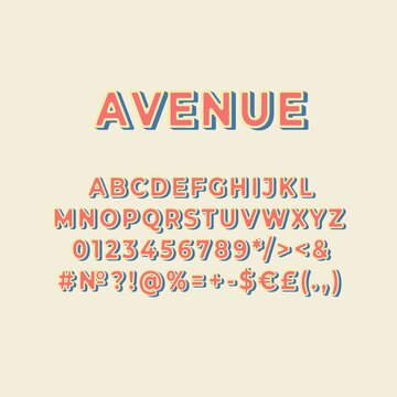 Avenue vintage 3d vector alphabet set. Retro bold font, typeface. Pop art stylized lettering. Old school style letters, numbers, symbols pack. 90s, 80s creative typeset design template